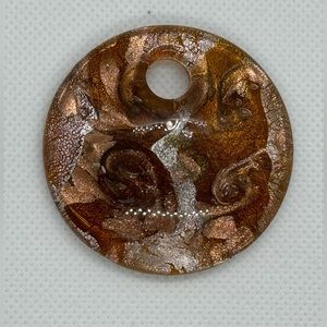 Hand Crafted Round Glass Pendant, Gold and Silver, 2” Diameter